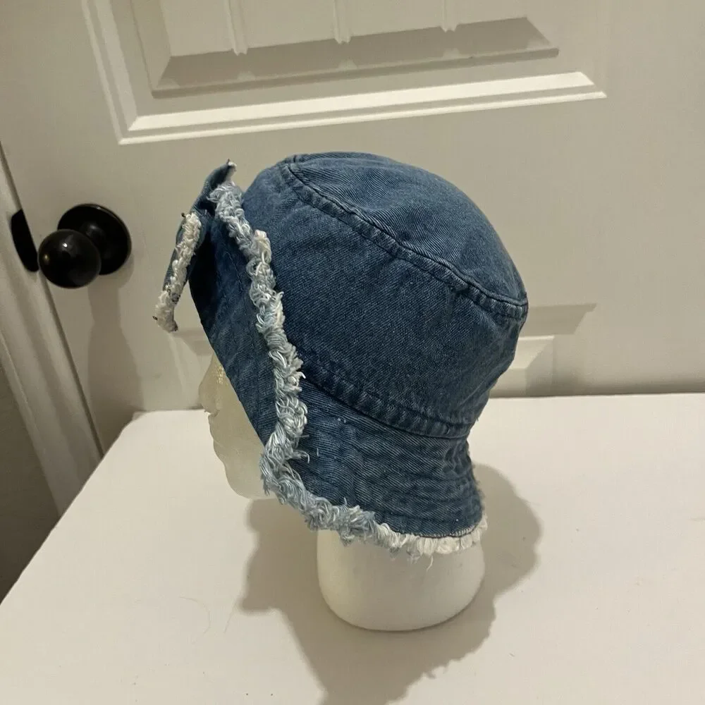 Toddler Girls Blue Denim Chambray Fray Bow Flip Up Bucket Hat Beach Y2K 2-4Y - Picture 4 of 8